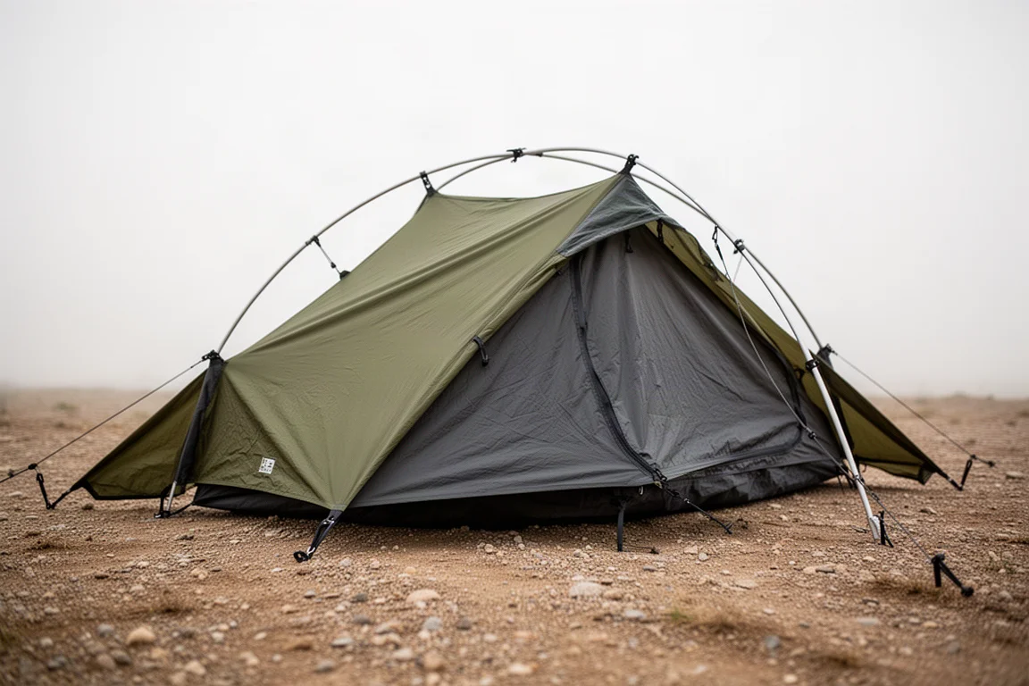 Alps Mountaineering Stealth Bivy pitched low on dry ground with staked storm flaps