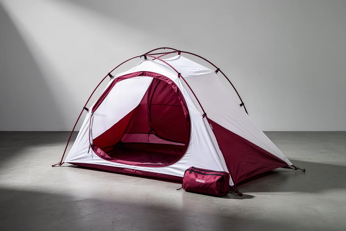 White and red one person hooped bivy shelter pitched on a concrete surface beside its storage case