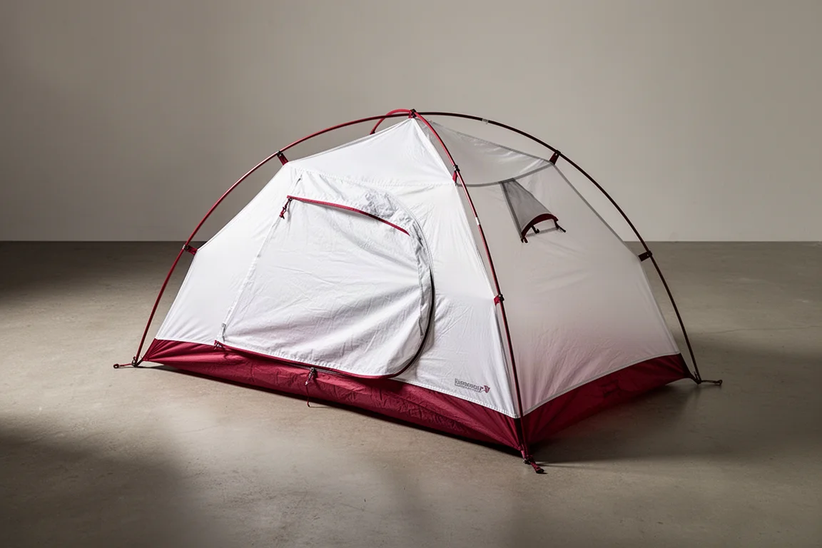 White and red hooped bivy shelter pitched on a matte concrete surface