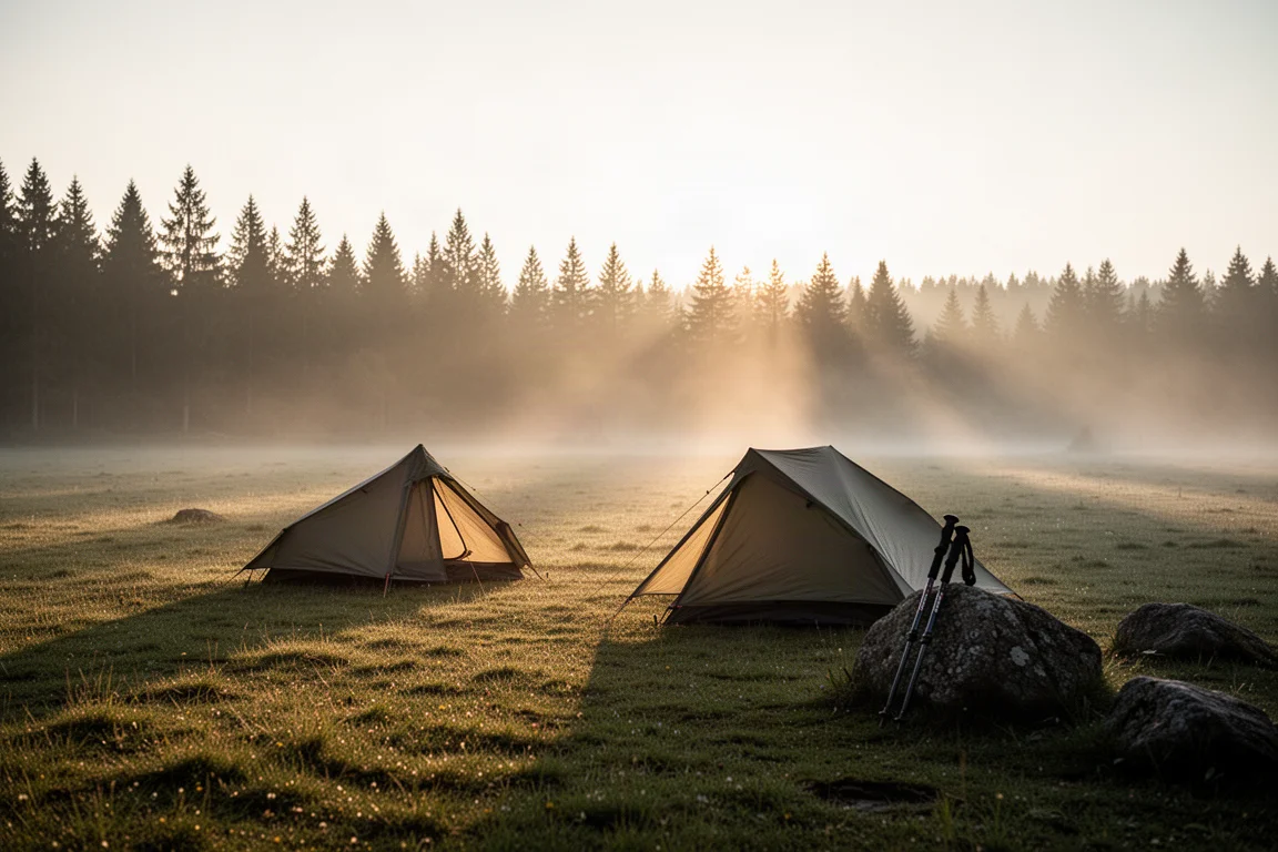 Tente à bâtons de randonnée montée sur une prairie de camping paisible au lever du soleil