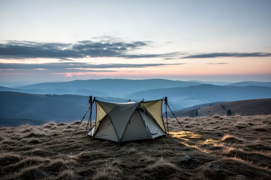 Tente à profil bas sur une crête balayée par le vent sous une lumière du soir déclinante