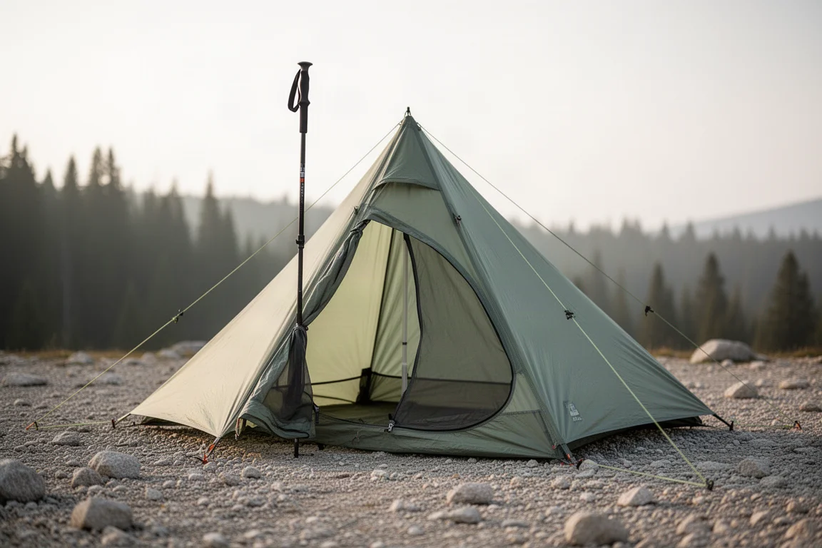 Sage green trekking pole backpacking tent pitched on a gravel alpine clearing