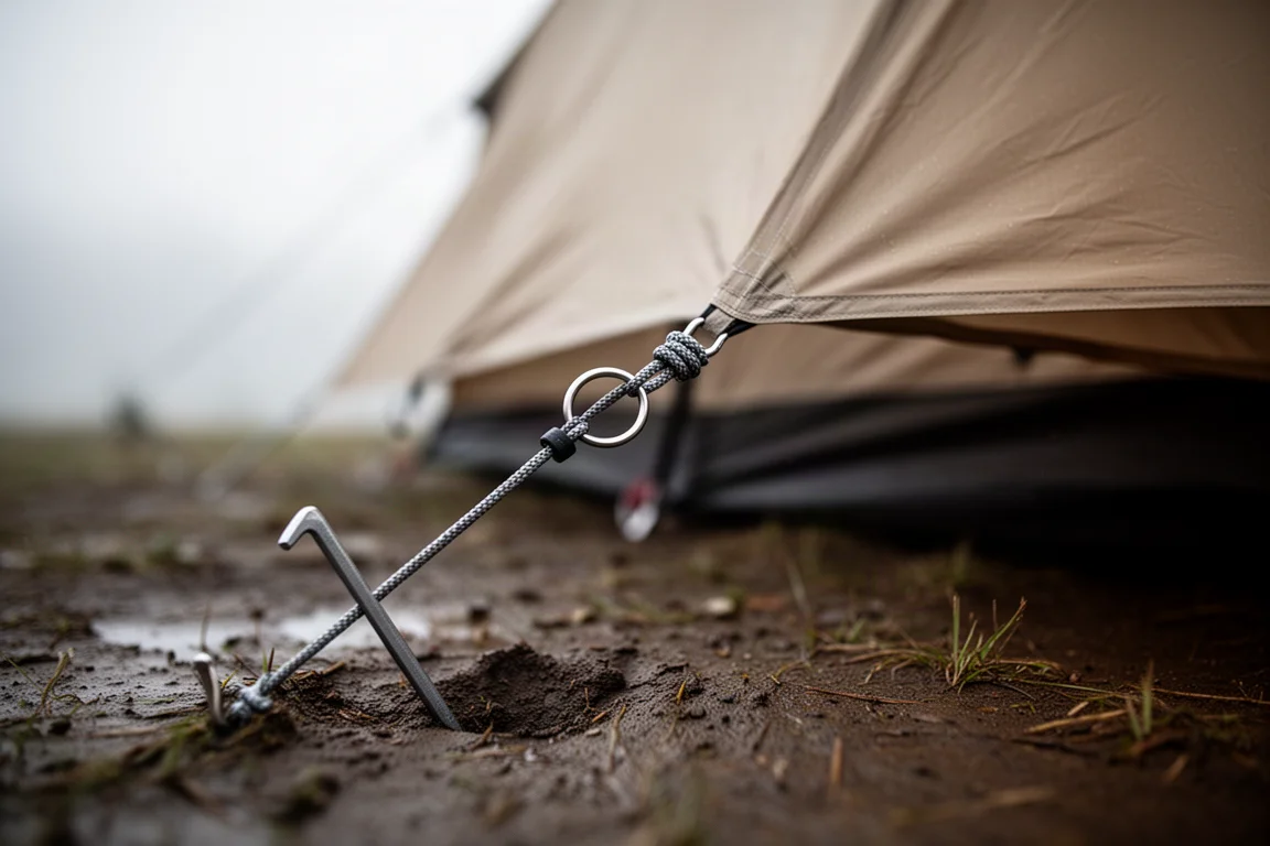 Close-up de uma linha de estaca de barraca com laço metálico ancorado por uma estaca