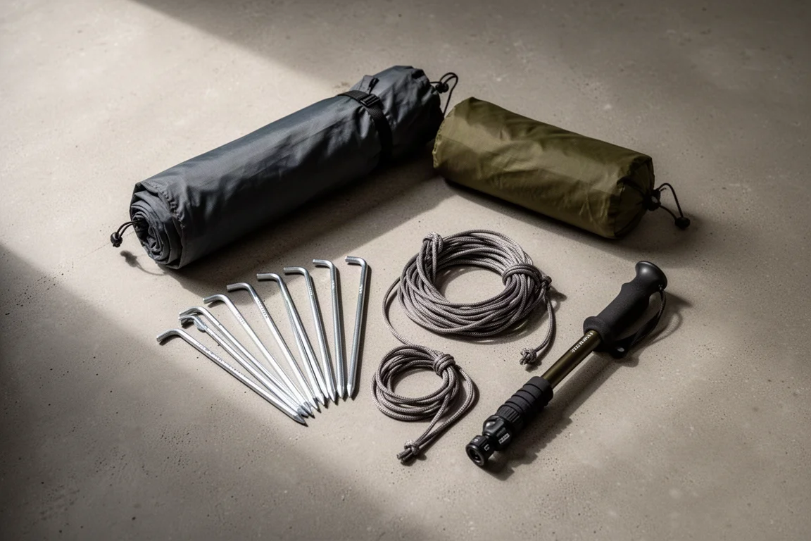 Flat lay de equipamento de abrigo de mochila sobre superfície de concreto visto de cima