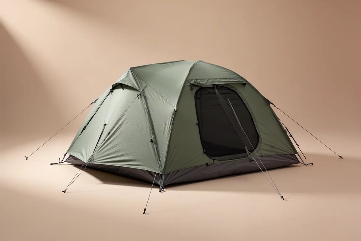 Lightweight single-wall two-person trekking pole tent pitched on a neutral backdrop