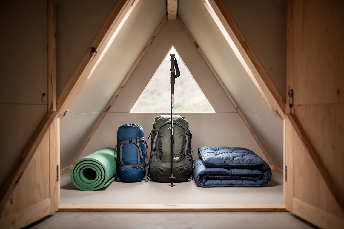 Vue intérieure d'un petit abri pyramide à paroi simple avec matelas, sac à dos et couette