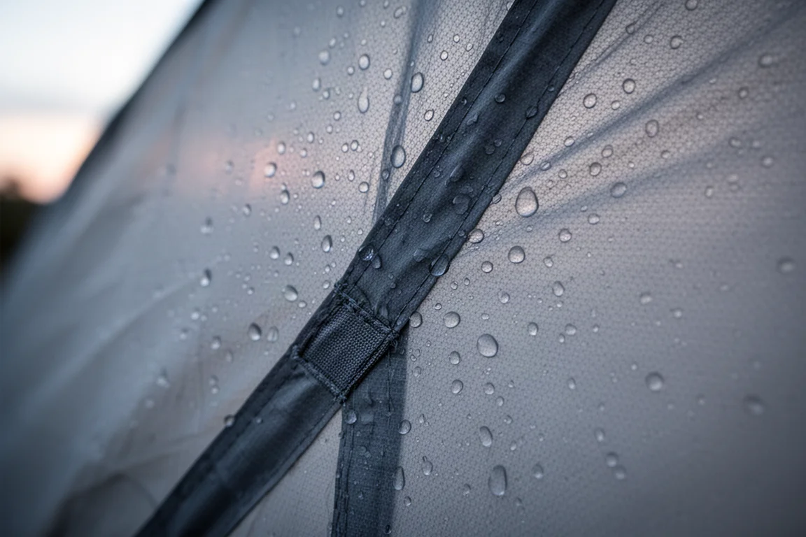 Gouttelettes de condensation perlant à l'intérieur d'un tissu de tente à paroi simple à l'aube