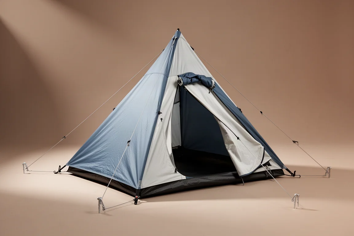 Pitched pyramid trekking pole tent in blue and white on a neutral studio backdrop