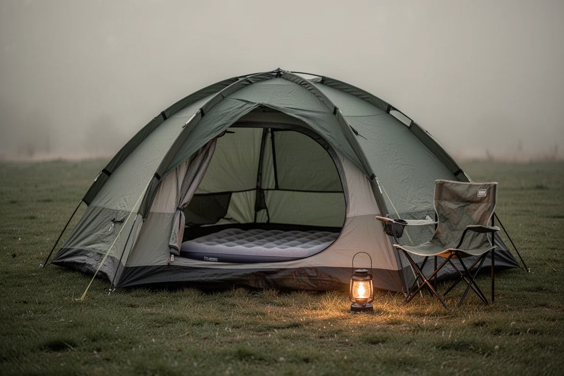 Acampamento gramado no início da noite com uma barraca dome, cadeira de camping e lanterna