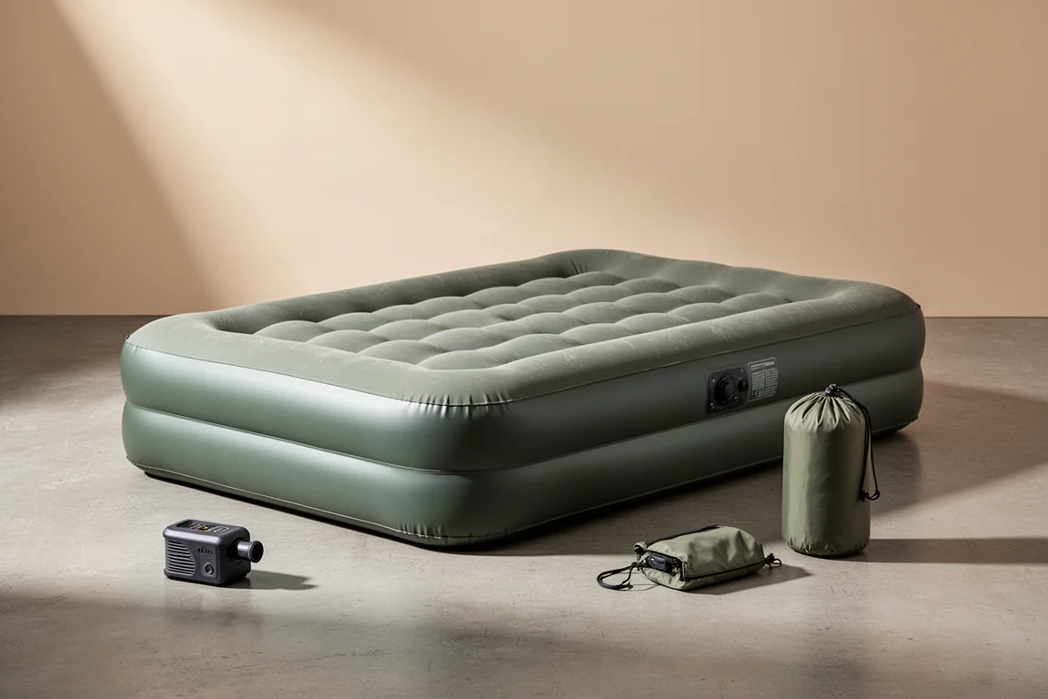 Inflated queen-size camping air mattress with a small rechargeable pump and stuff sack