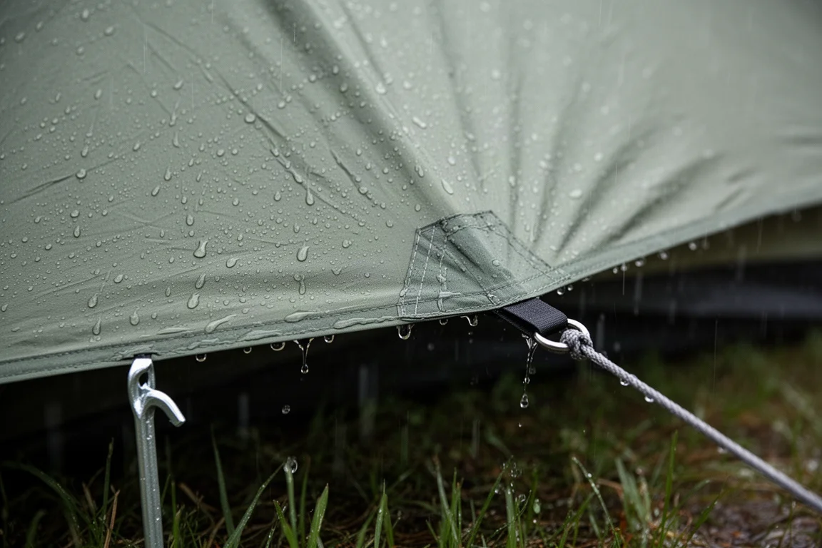 Lluvia resbalando por el sobretecho de una tienda con un viento y una estaca en hierba mojada