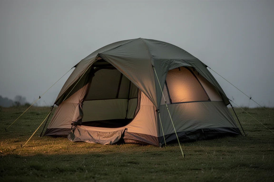 Two-person camping tent with a full rainfly pitched on grass at dusk