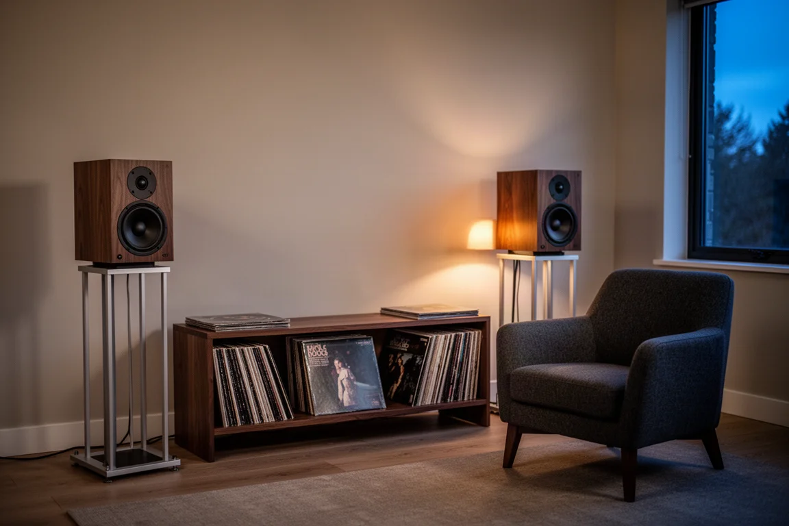 Pair of compact standmount speakers on slim metal stands in a calm listening room at dusk