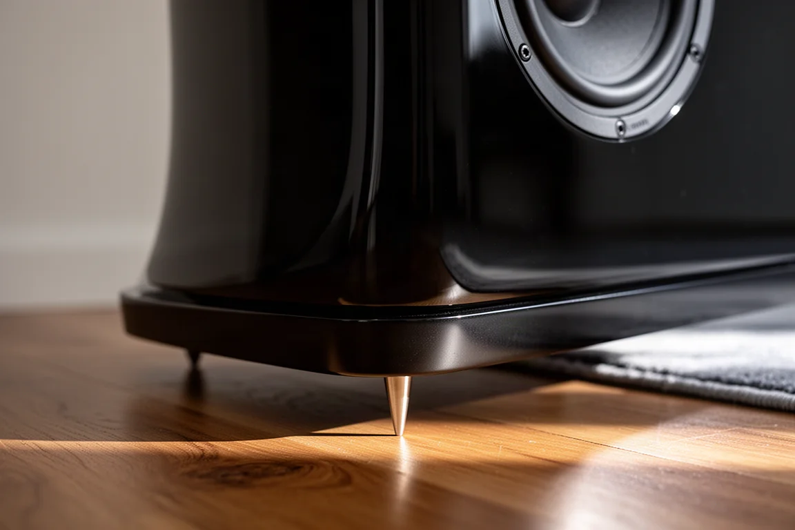 Low-angle detail of a gloss black speaker cabinet corner and spiked plinth on a wooden floor