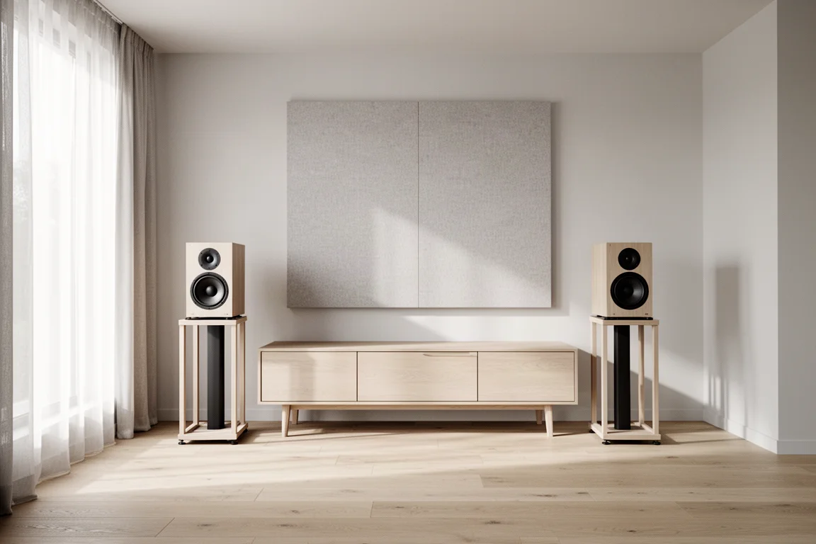Minimal listening room in daylight with standmount speakers and acoustic wall panels