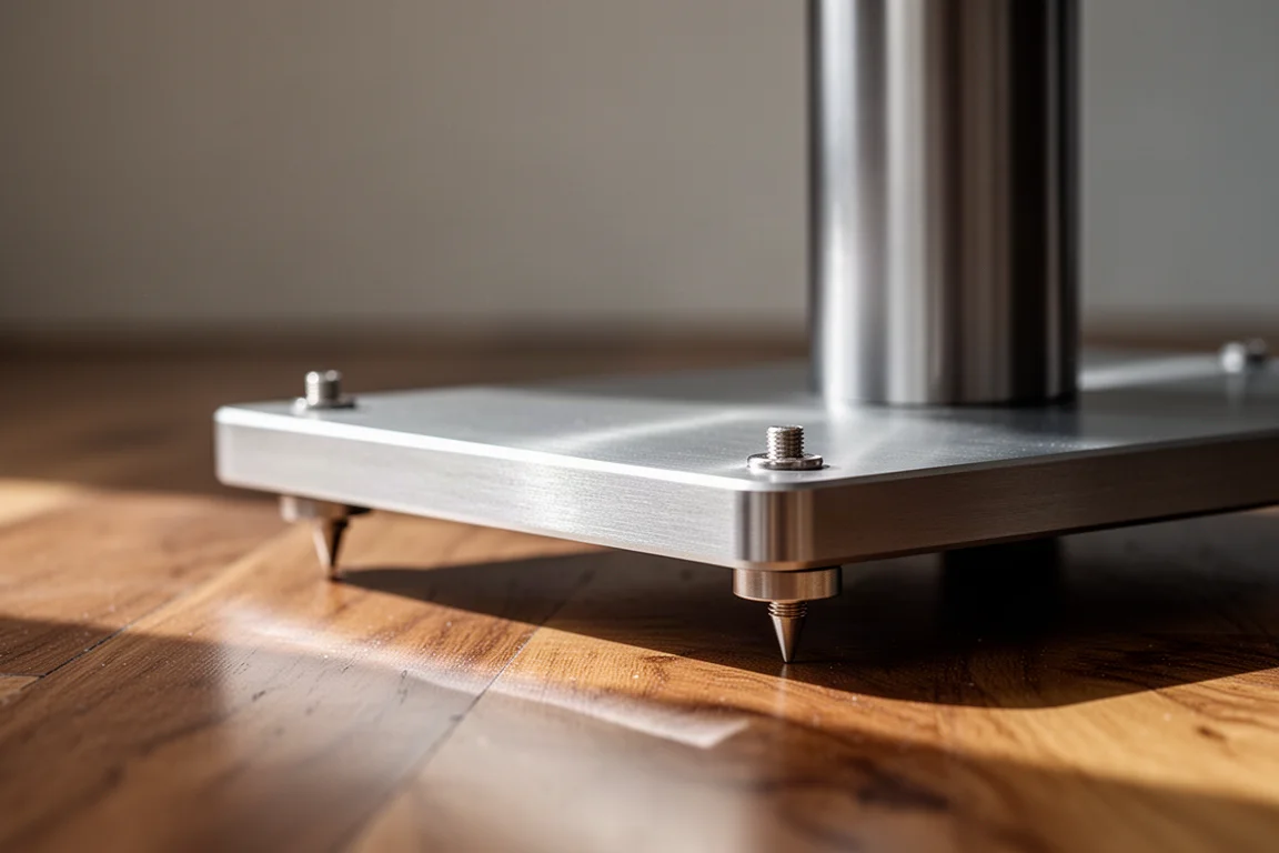 Close-up of a speaker stand top plate with spikes resting on a hardwood floor