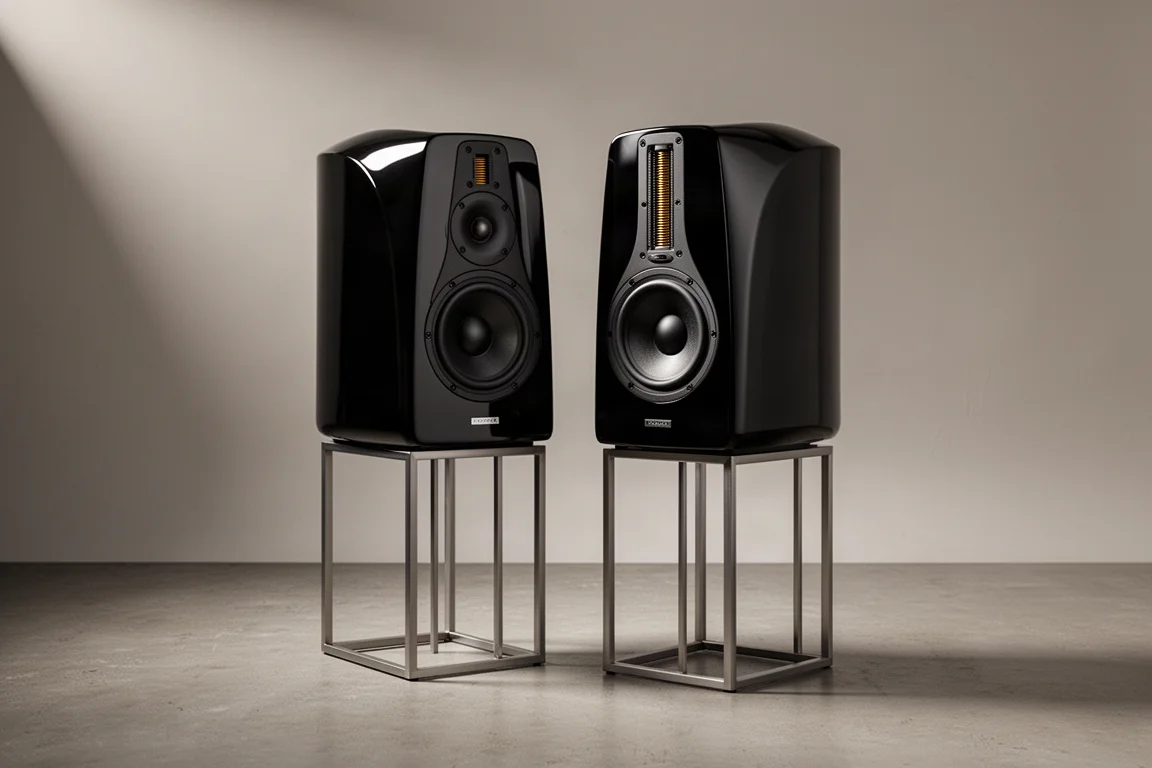 Pair of gloss black standmount speakers on slim metal stands against a neutral grey backdrop