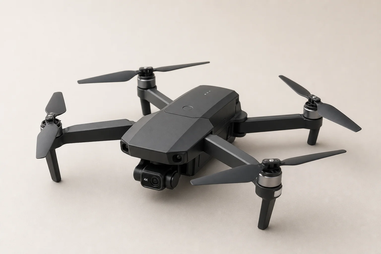 Cinq drones d'entrée de gamme disposés sur une surface en béton gris
