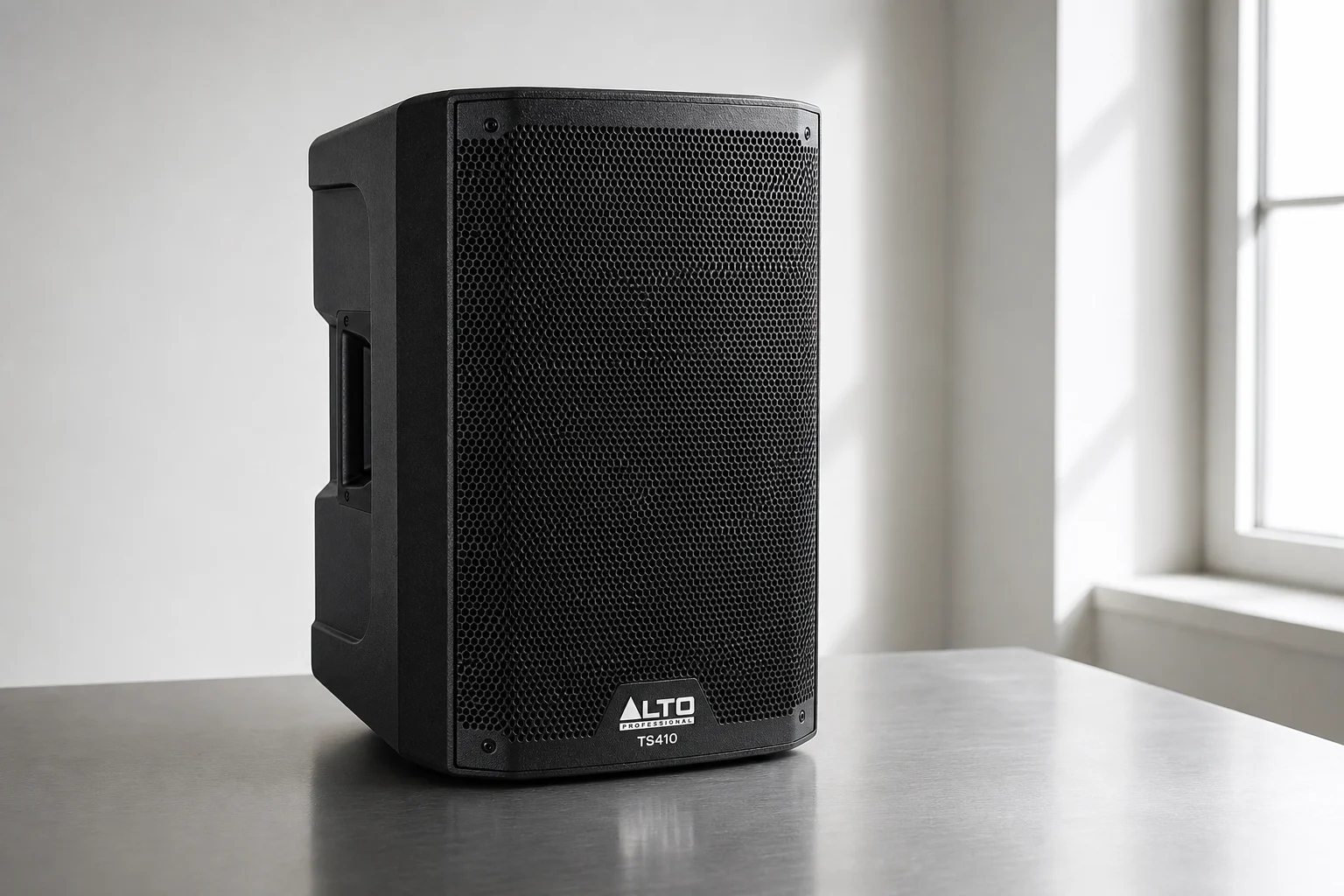 Cuatro altavoces PA económicos alineados sobre hormigón: Mackie Thrash 212, Alto TS410, JBL EON 610, Yamaha DBR10