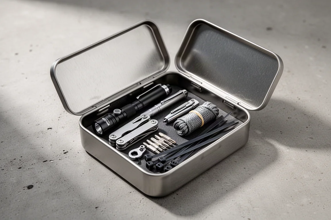 Open stainless steel pocket tin densely packed with miniature EDC tools