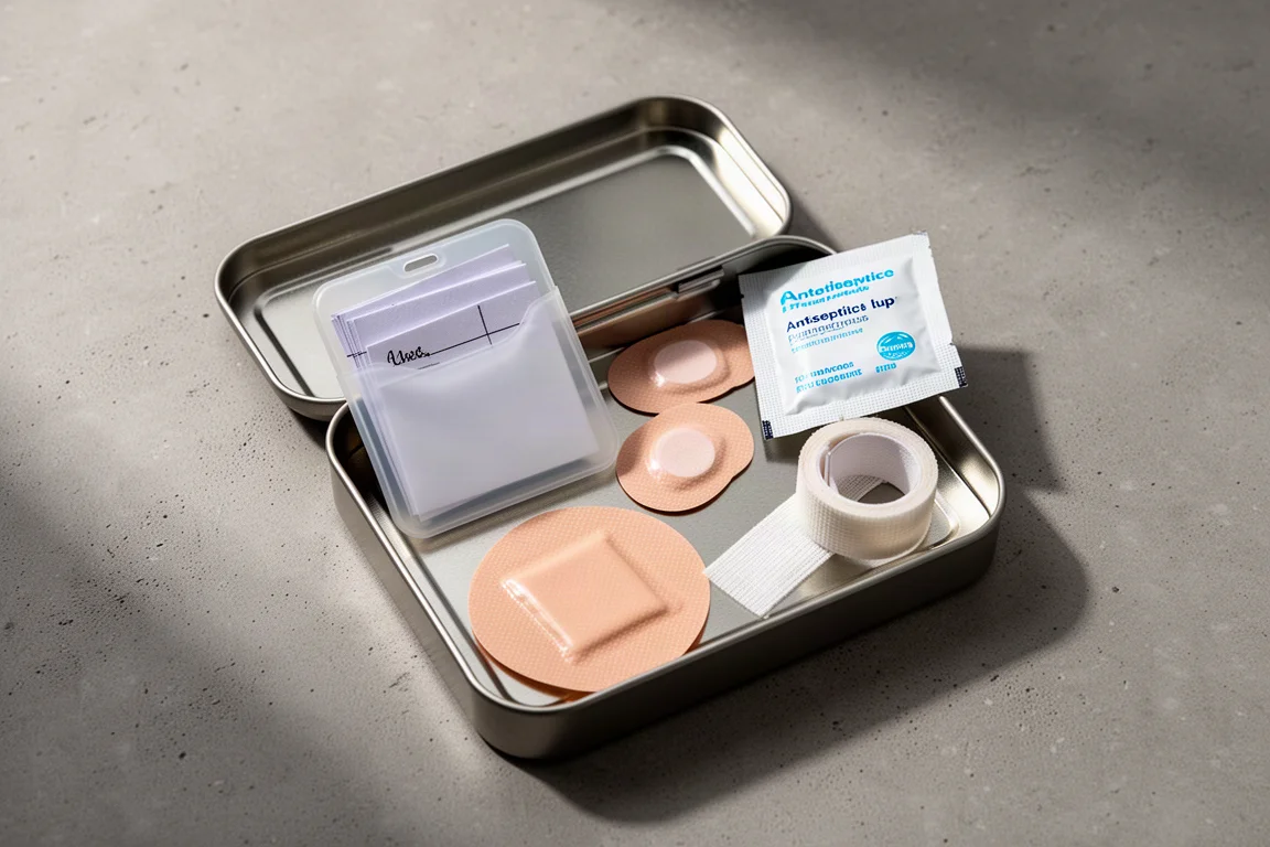 Offene Metalldose, gepackt mit ordentlich angeordneten kleinen Everyday-Carry-Gegenständen