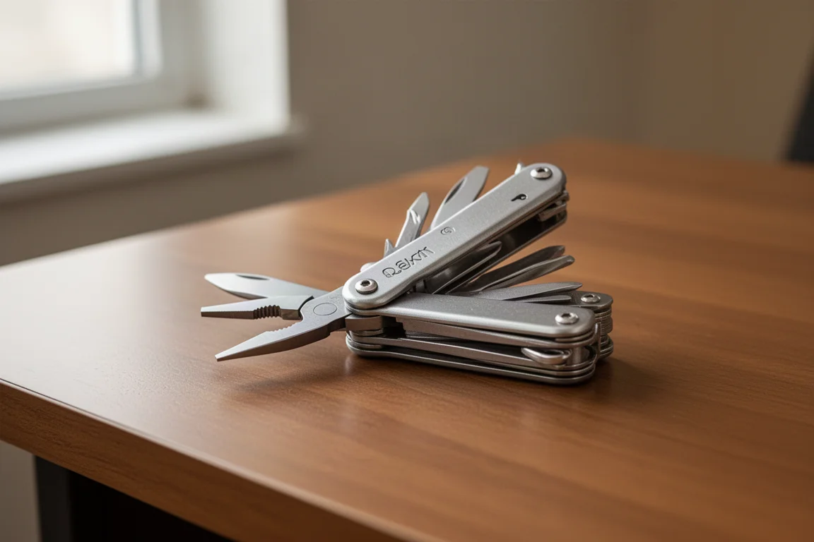 Nahaufnahme von Händen, die ein kompaktes Klapp-Multitool begutachten