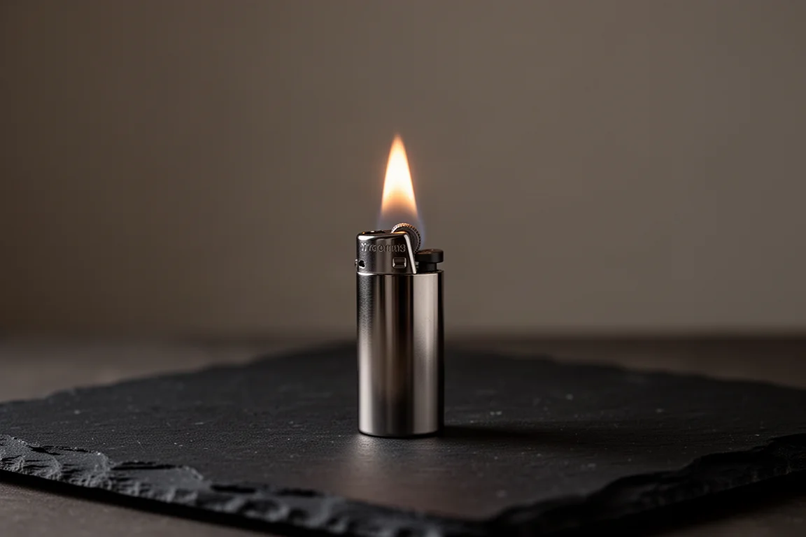 Kleiner zylindrischer Metallfeuerzeuganzünder auf dunkler Oberfläche mit sanftem Flammenschein