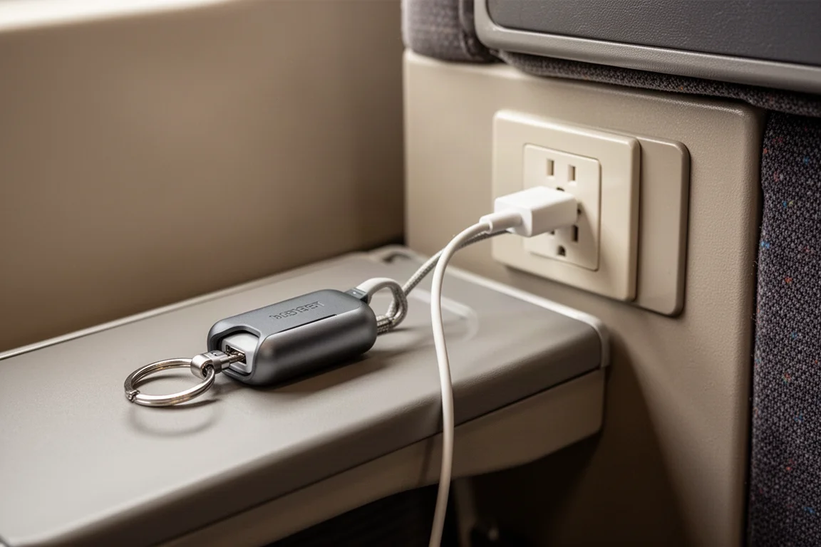 Öffentliche USB-Ladebuchse an einem Zugsitz mit eingestecktem Kabel