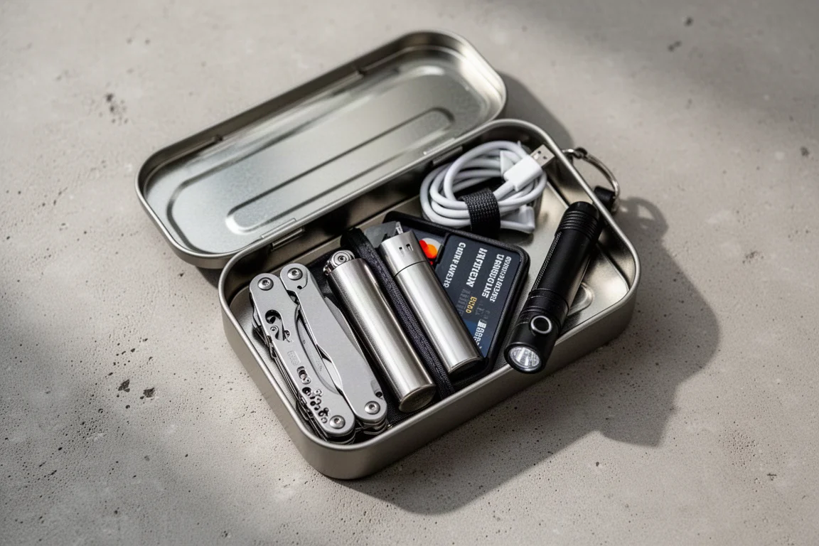 Scatola di metallo aperta contenente piccoli oggetti da everyday carry disposti con ordine