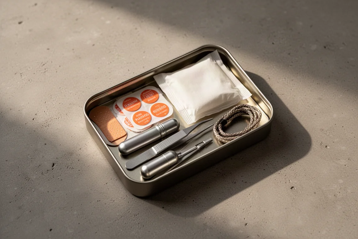 Open metal tin with layered everyday carry items arranged neatly
