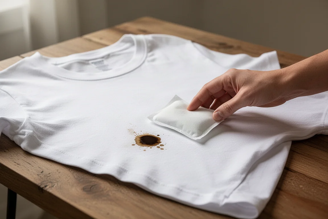 Hand dabbing a coffee stain on a white t-shirt with a small wet wipe