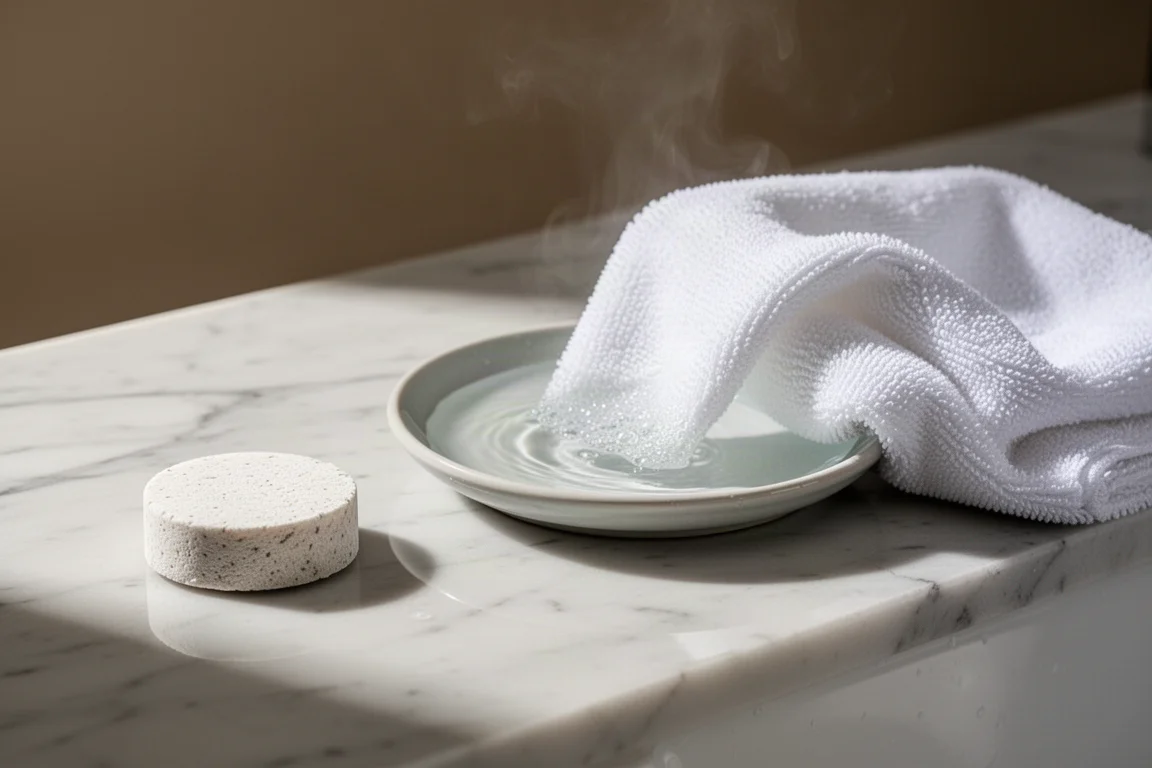 Compressed towel coin expanding into a full-size towel beside a glass of water