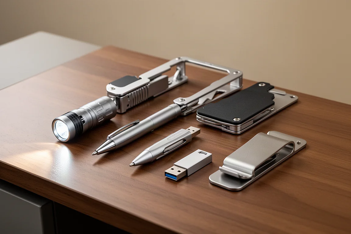 Modular multi-tool with swappable plates laid out on a desk