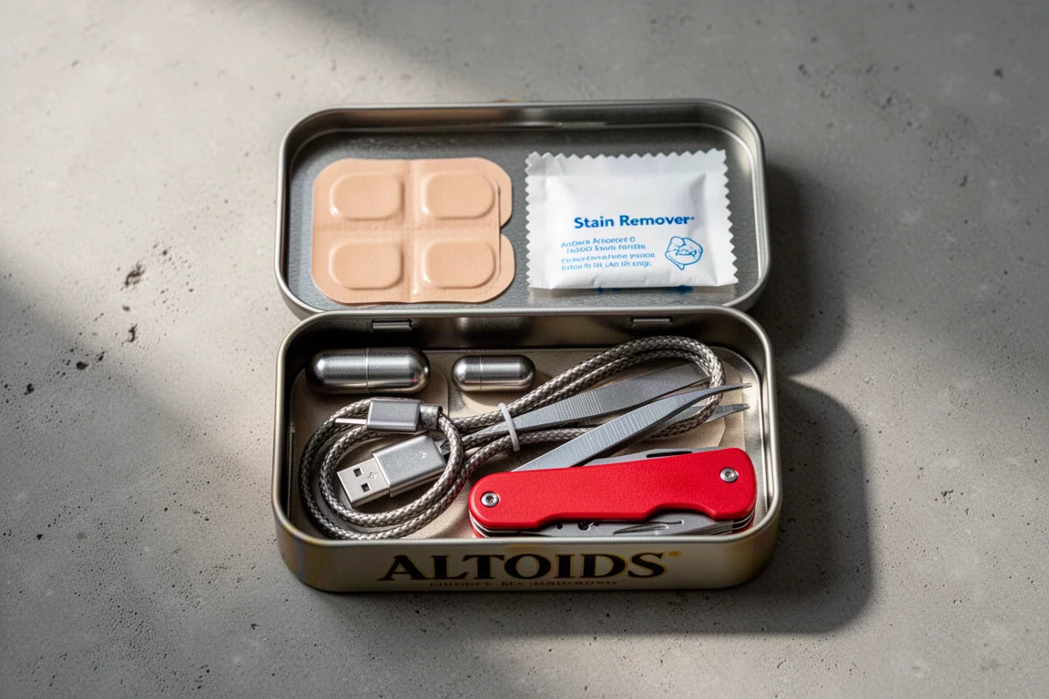 Open metal tin with layered everyday carry items arranged neatly on a concrete surface