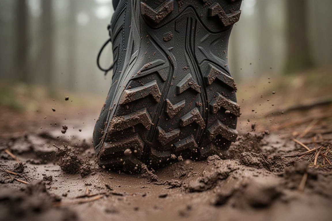 Primer plano de la suela tachonada de una zapatilla de trail presionada sobre un sendero de barro blando