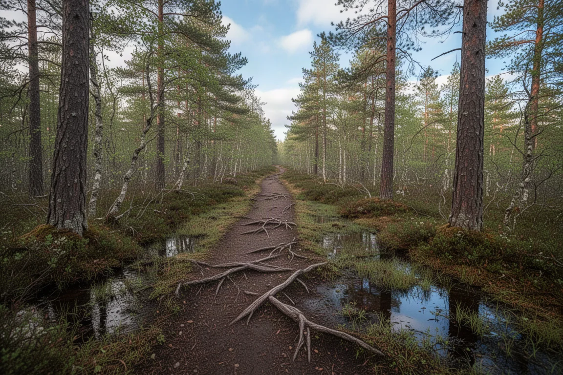 Sendero de cresta estable a través del bosque con raíces de árboles cruzando el camino