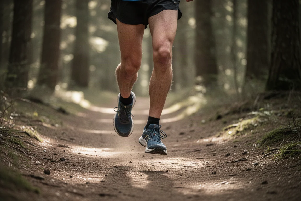 Traileur marchant sur un chemin forestier en lumière douce, chaussé de chaussures de trail
