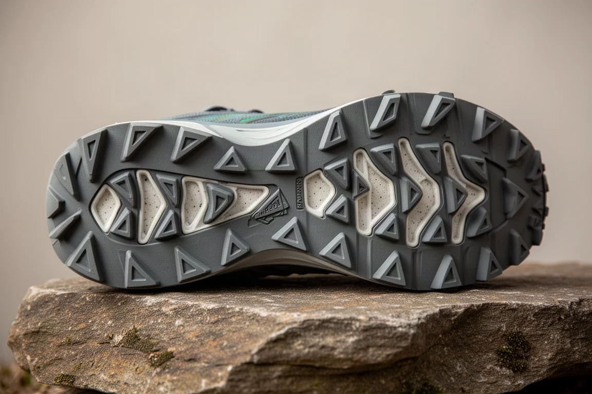 Gros plan sur les crampons triangulaires larges d'une semelle de chaussure de trail