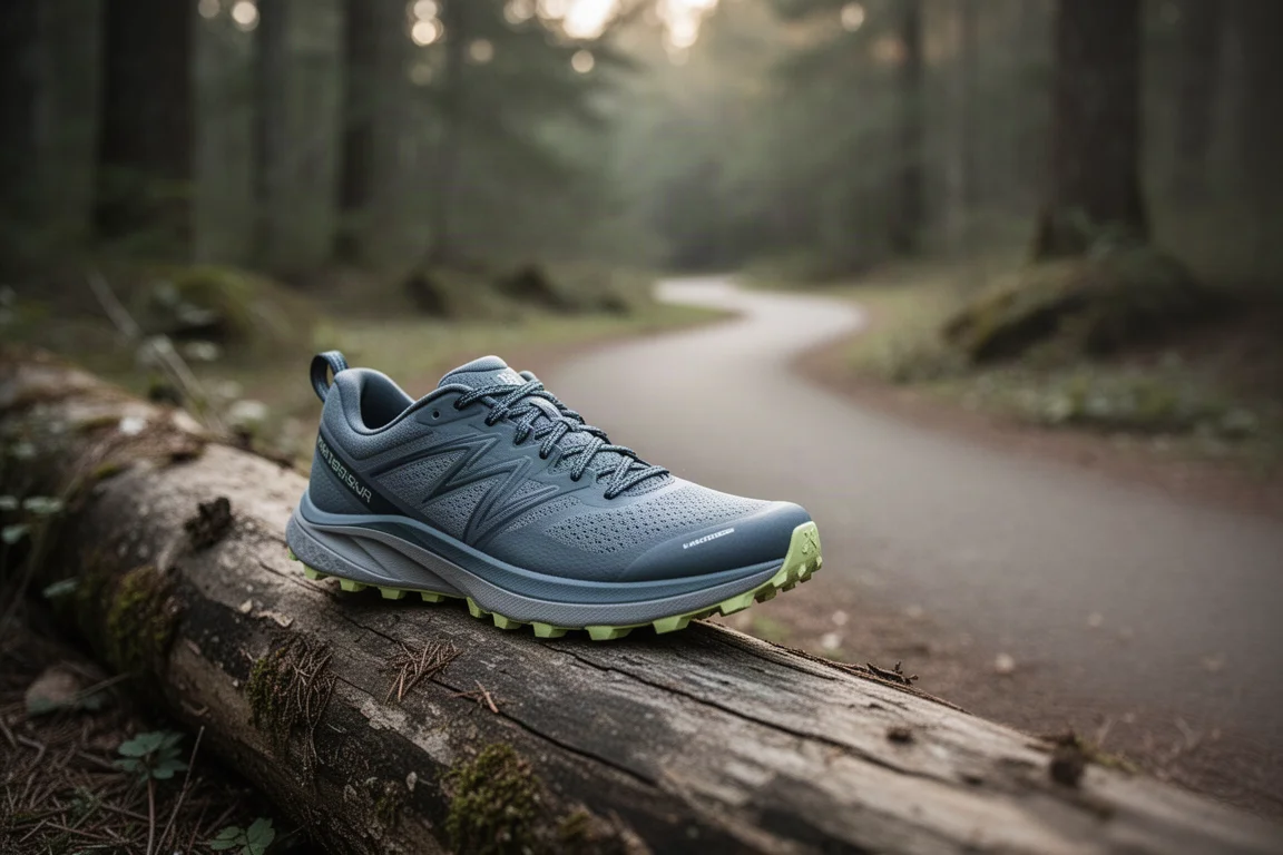 Chaussure de trail posée sur une bûche au bord d'un sentier courable