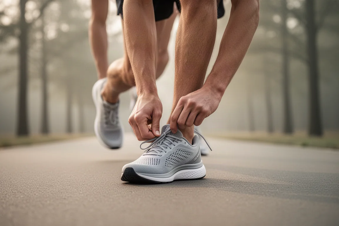 Runner tying laces on a lightweight mesh running shoe on a paved path