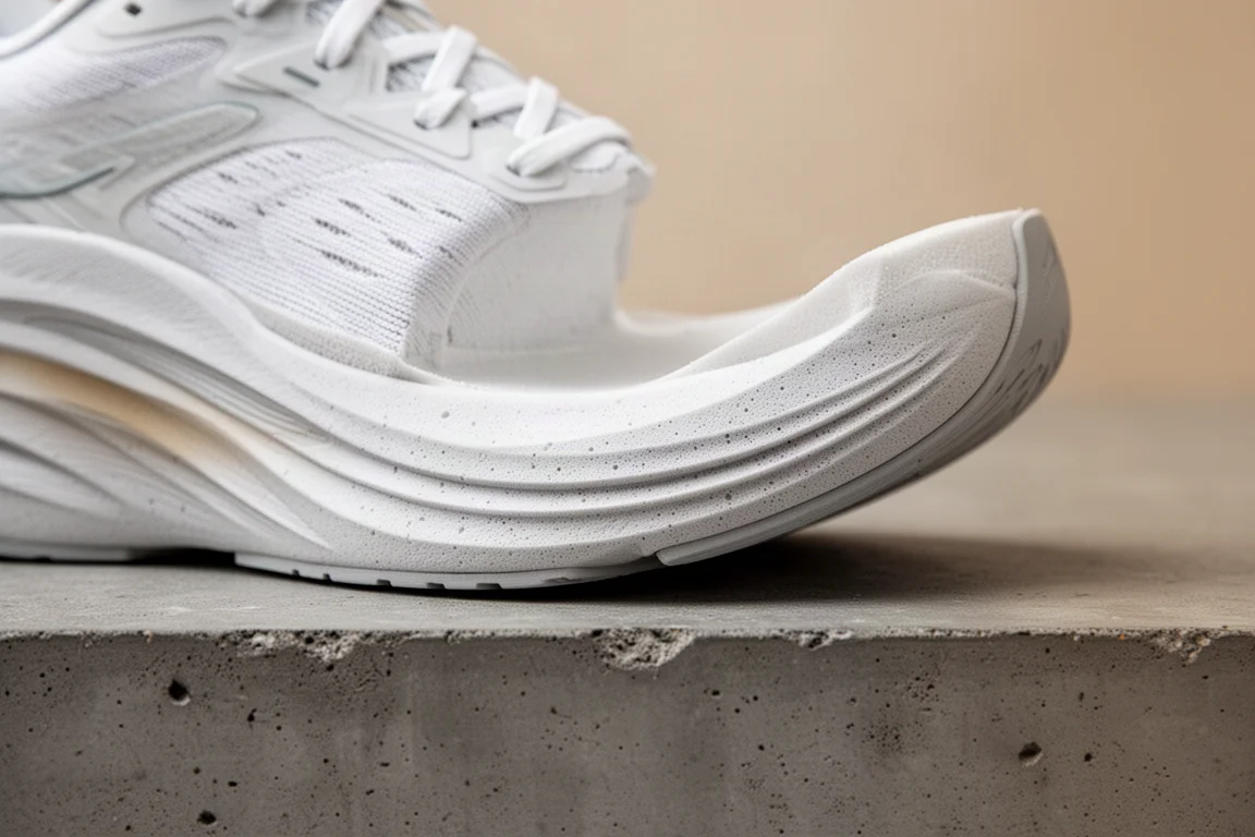Close-up of a rocker-profiled running shoe midsole resting on concrete