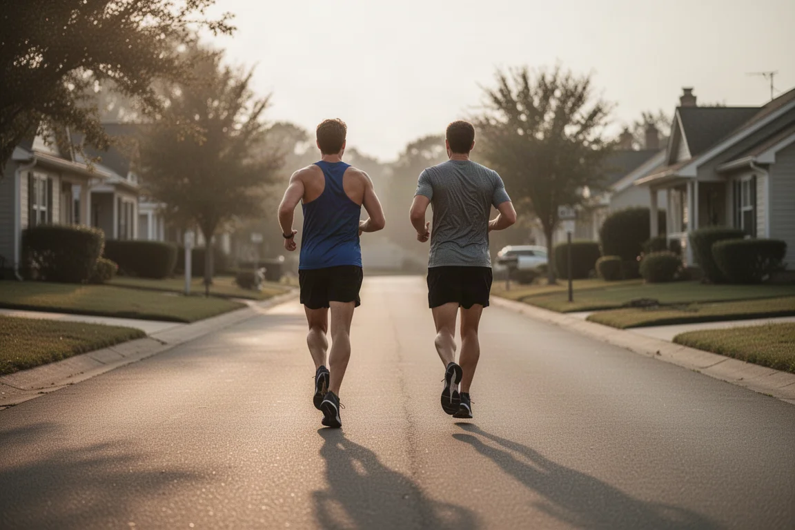 Runners logging easy miles on a quiet suburban road at golden hour