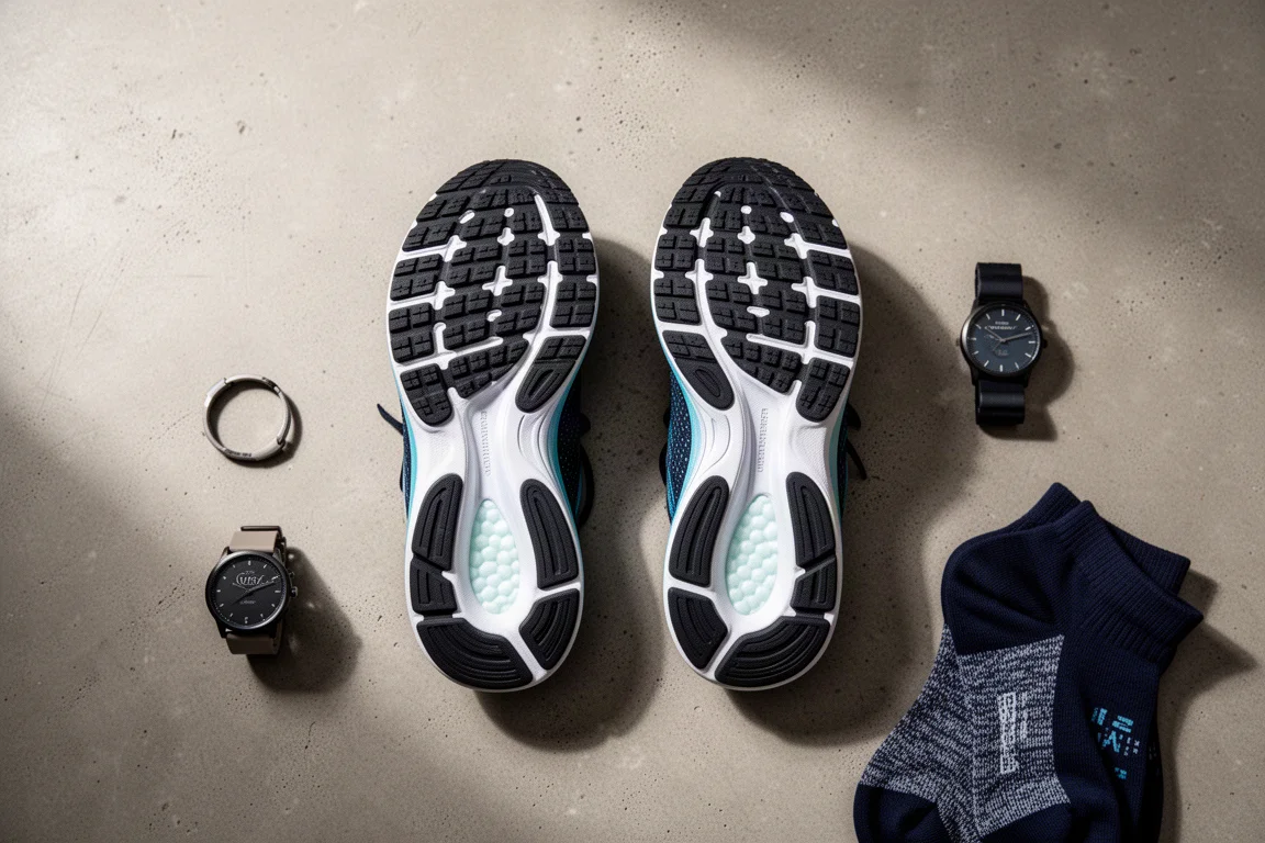 Overhead flat-lay of running shoe outsoles and gear on a concrete floor