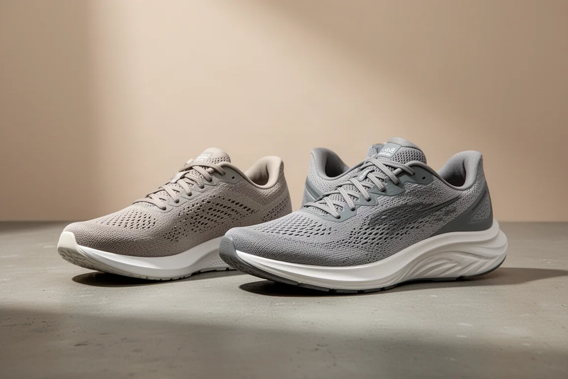 Two neutral running shoes side by side on a concrete surface
