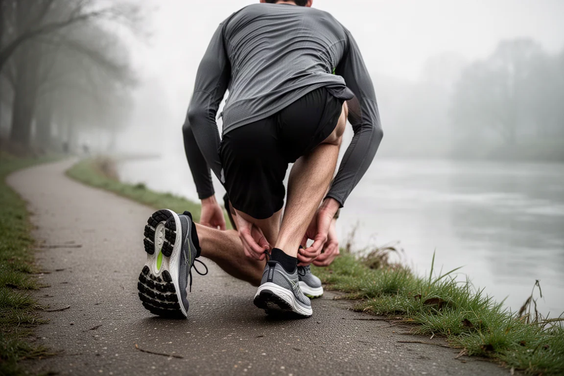 Coureur en pleine foulée sur un bitume lisse, le pied se posant sur le talon