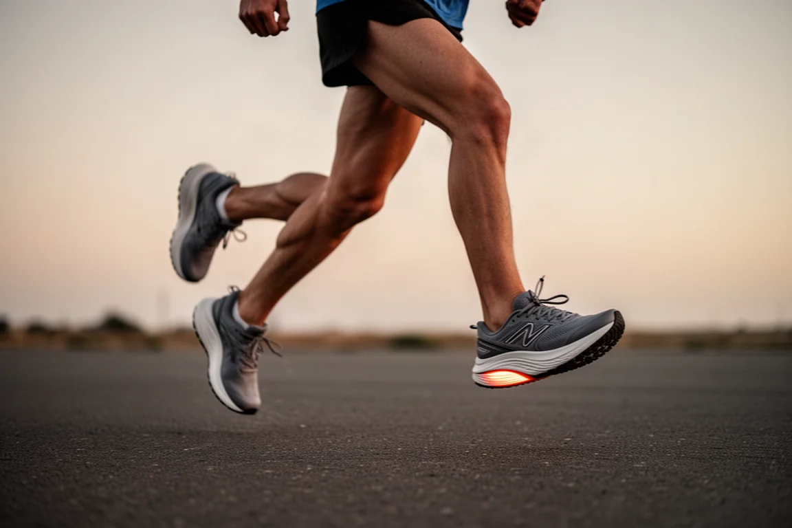Gros plan sur un talon fortement biseauté et arrondi d'une chaussure de running