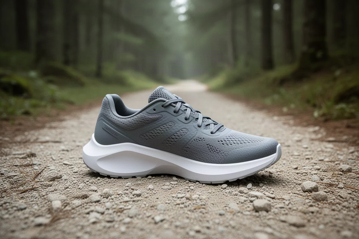 Einzelner Laufschuh auf einem Kieswaldweg nach dem Training