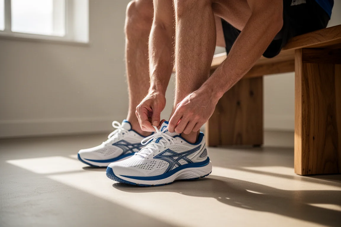 Un corridore allaccia una scarpa da running bianca e blu su una panca di legno