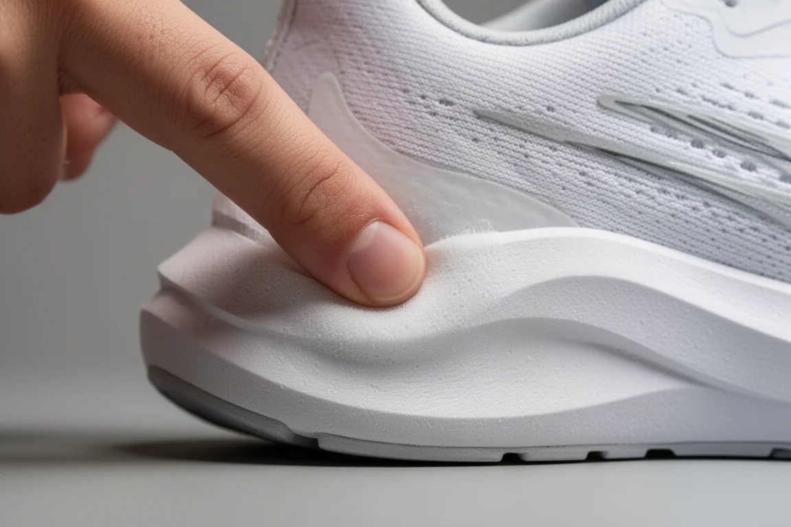Primo piano della suola intermedia ammortizzata di una scarpa da running premuta per mostrare la reattività della schiuma
