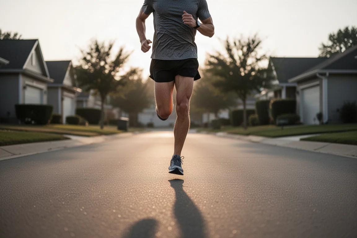 Un corridore in ritmo su una tranquilla strada di periferia nella luce del mattino presto